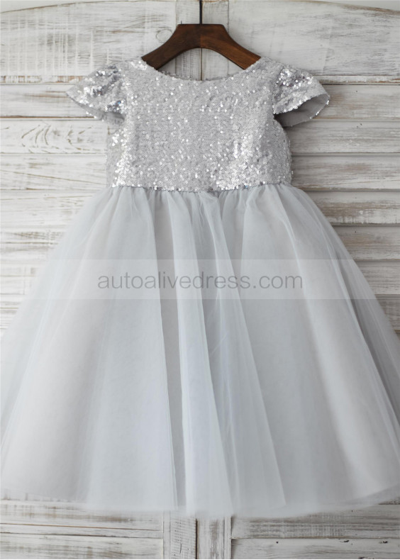 Cap Sleeves Silver Sequin Tulle Wedding Flower Girl Dress